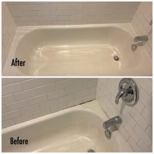 Before and after caulking in a tub